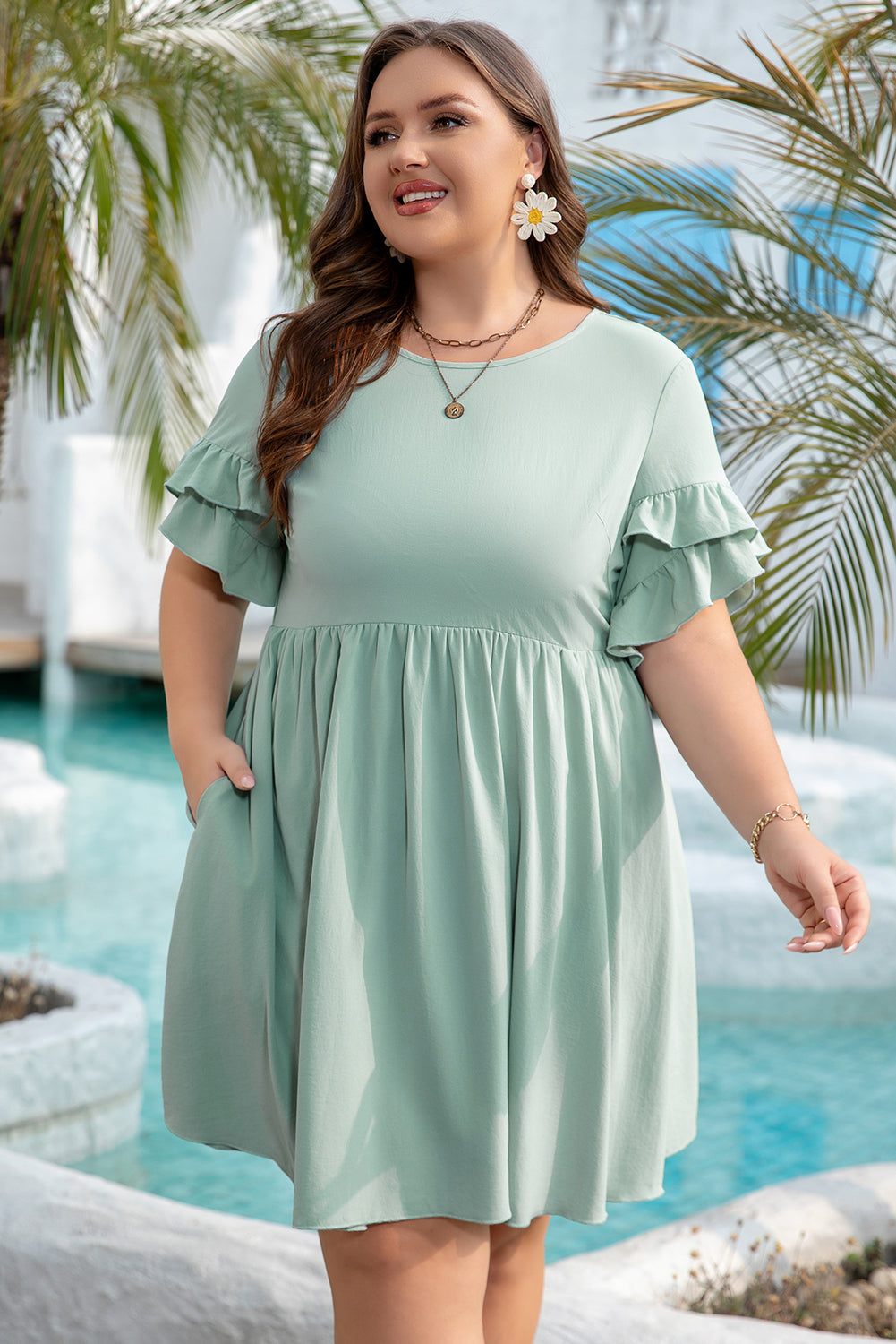 Grass Green Ruffle Trim Plus Size Flared Mini Dress Dear-Lover Dropshipping